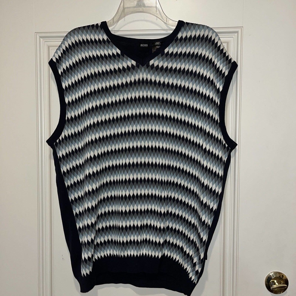 HUGO BOSS PULLOVER COTTON VEST Sweater V-neck Diamond Made In Italy Men’s 52/XL